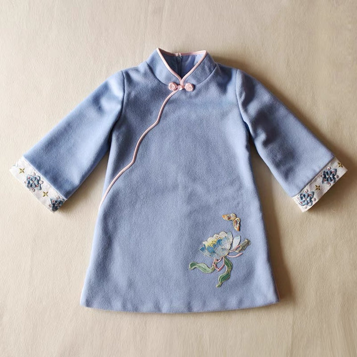 POWDER BLUE LONG SLEEVE CASHMERE CHEONGSAM TUNIC