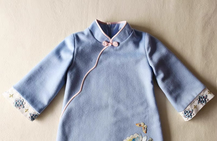 POWDER BLUE LONG SLEEVE CASHMERE CHEONGSAM TUNIC