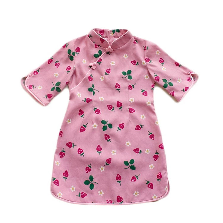 MID SLEEVE STRAWBERRY PRINT DRESS IN PINK