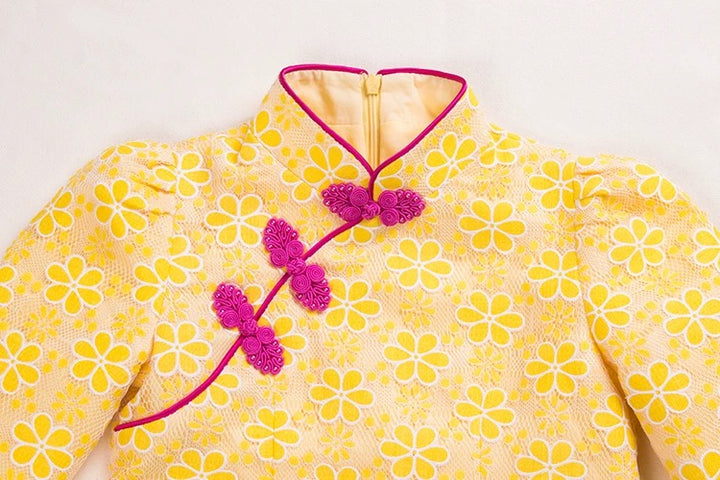 EYELET ROSE CHEONGSAM DRESS IN YELLOW