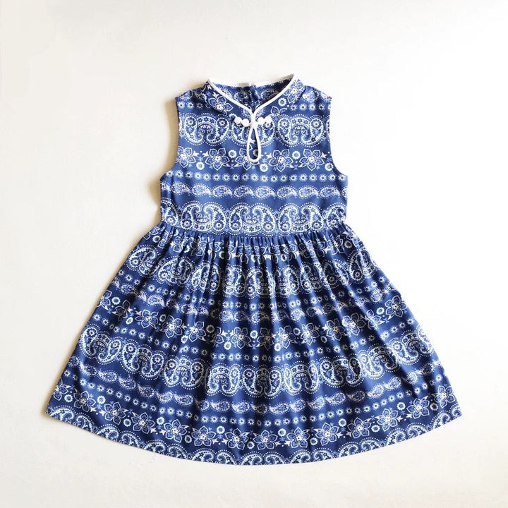 SLEEVELESS BLUE PATTERNED PRINCESS DRESS