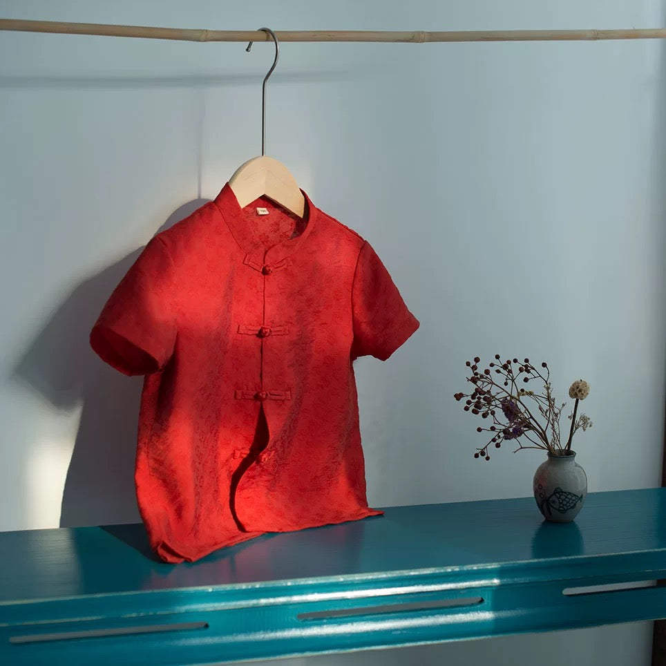 RED SHORT SLEEVE LINEN PANKOU TOP