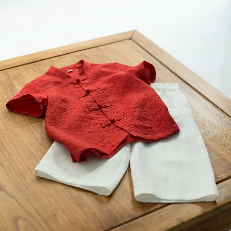 RED SHORT SLEEVE LINEN PANKOU TOP