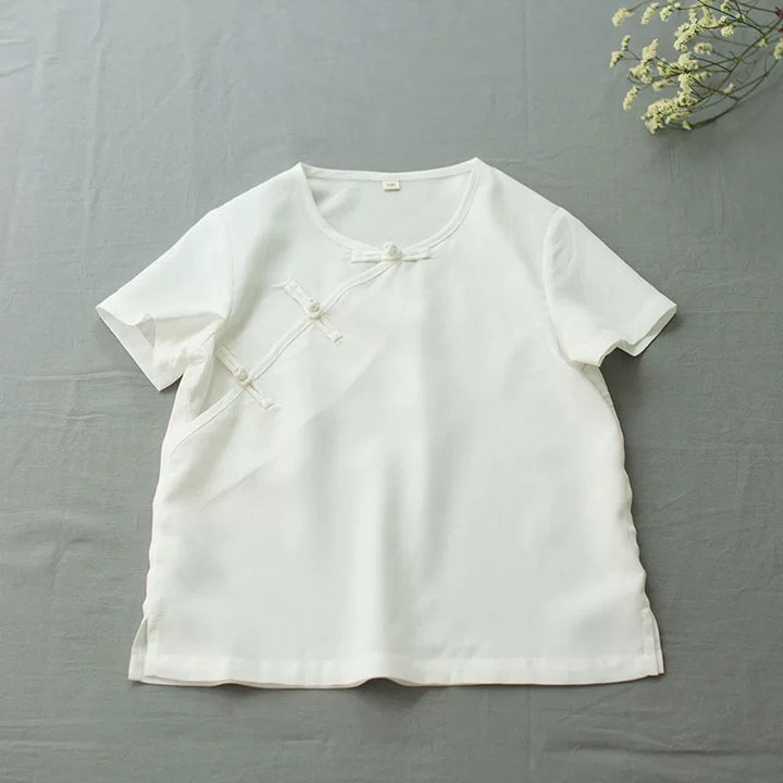 SHORT SLEEVE LINEN ASYMMETRIC PANKOU T-SHIRT