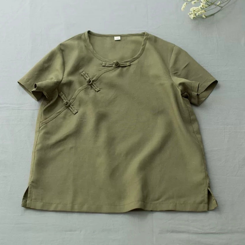 SHORT SLEEVE LINEN ASYMMETRIC PANKOU T-SHIRT