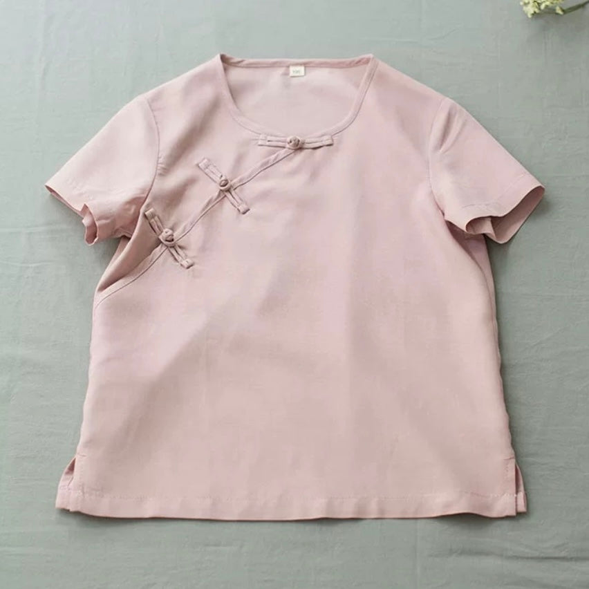 SHORT SLEEVE LINEN ASYMMETRIC PANKOU T-SHIRT