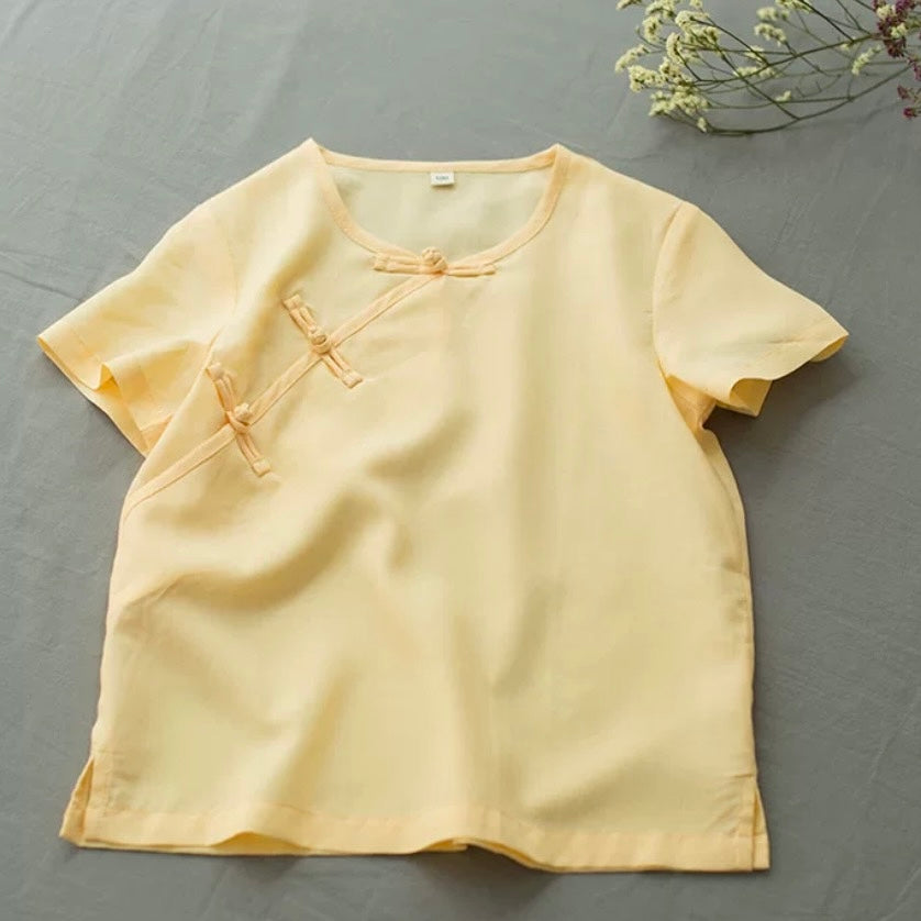 SHORT SLEEVE LINEN ASYMMETRIC PANKOU T-SHIRT