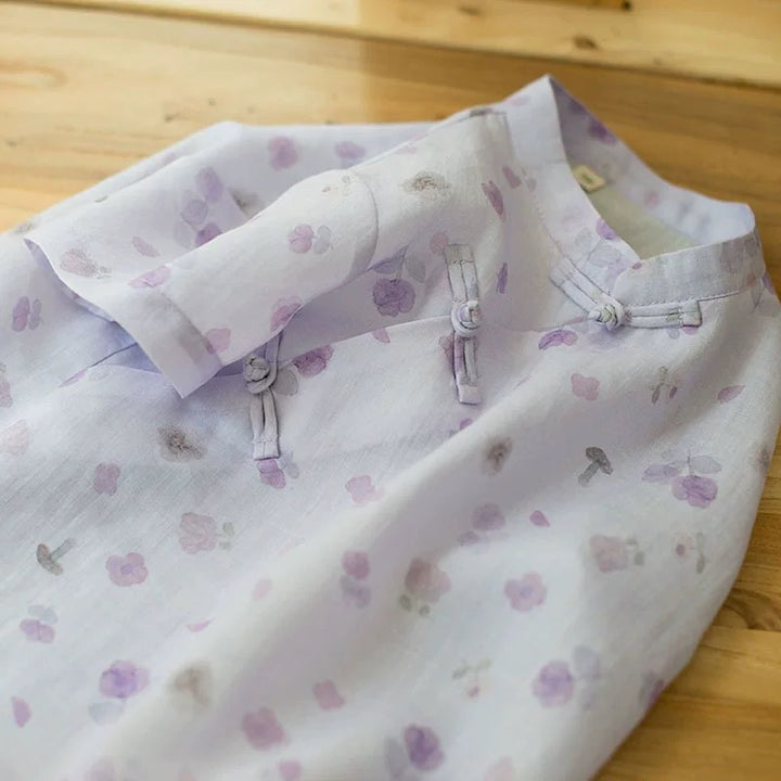 SHORT SLEEVE LINEN FLOWER PRINT TOP