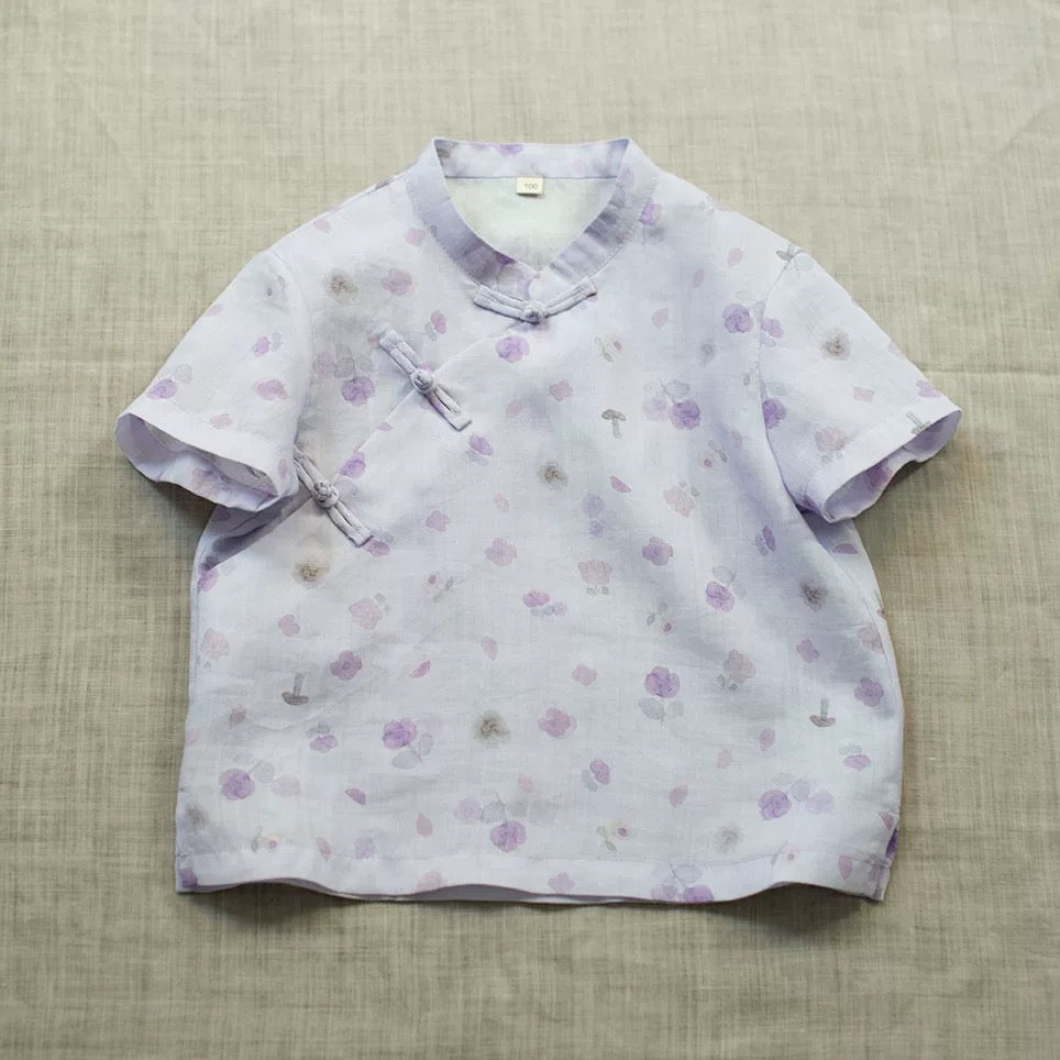 SHORT SLEEVE LINEN FLOWER PRINT TOP