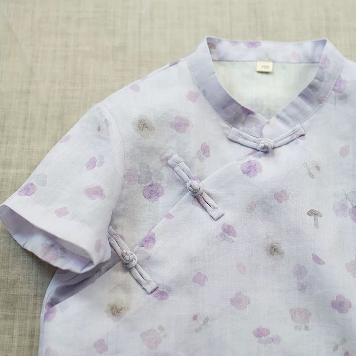 SHORT SLEEVE LINEN FLOWER PRINT TOP