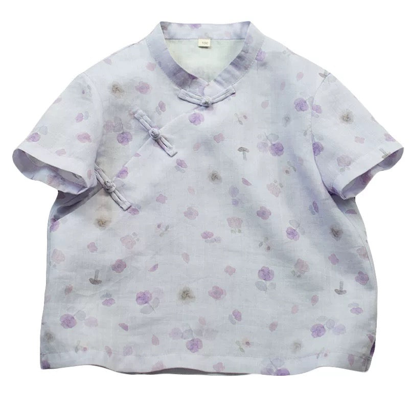 SHORT SLEEVE LINEN FLOWER PRINT TOP