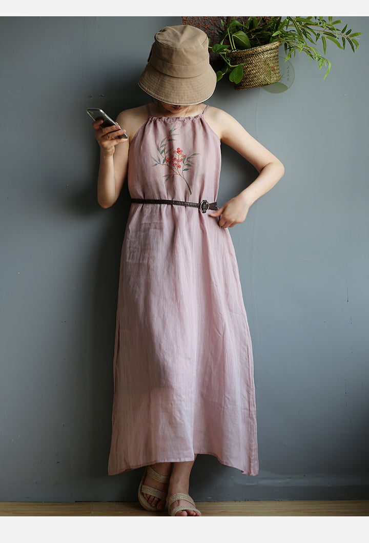 Drawstring Linen Maxi Dress - Dusty Rose