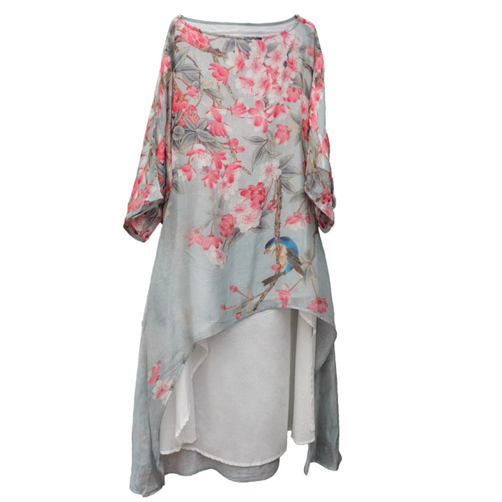 Linen & Silk Maxi High Low Tunic Watercolor Begonia