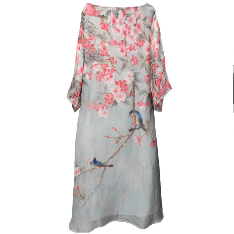 Linen & Silk Maxi High Low Tunic Watercolor Begonia