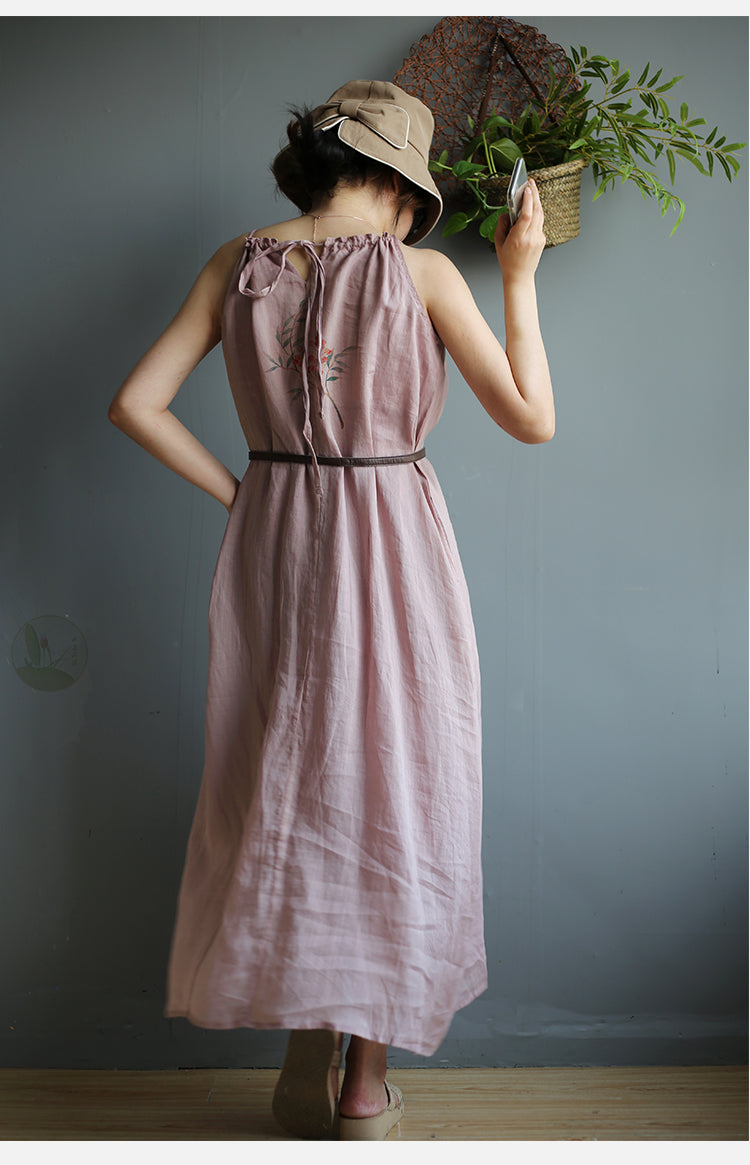 Drawstring Linen Maxi Dress - Dusty Rose