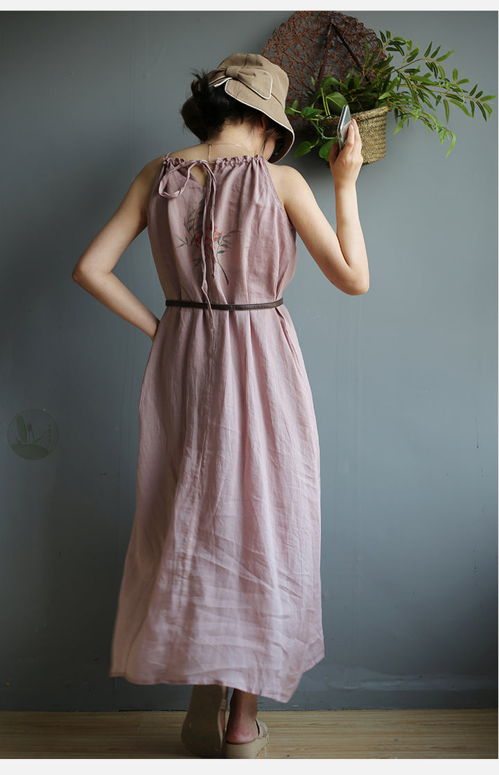 Drawstring Linen Maxi Dress - Dusty Rose