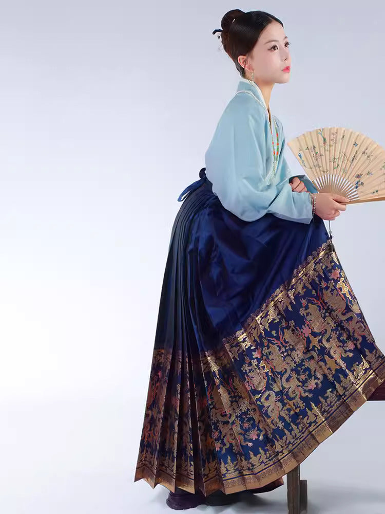 Wrap pleaded skirt - Chinese Horse Face Skirt with Dragon print