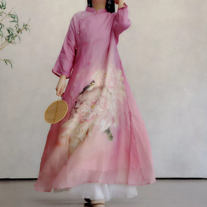 Linen & Silk Maxi Dress Watercolor Peony