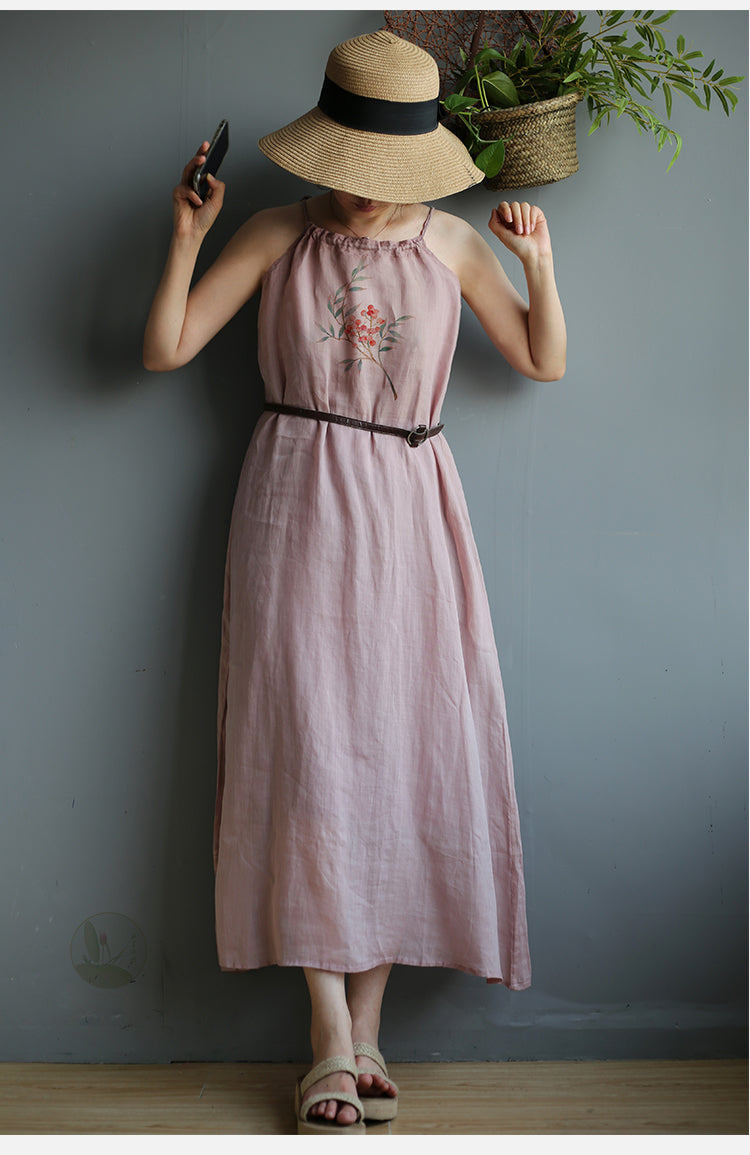 Drawstring Linen Maxi Dress - Dusty Rose