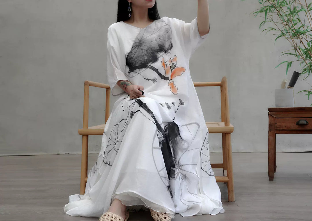 Linen & Silk Maxi Dress Watercolor Lotus Flower