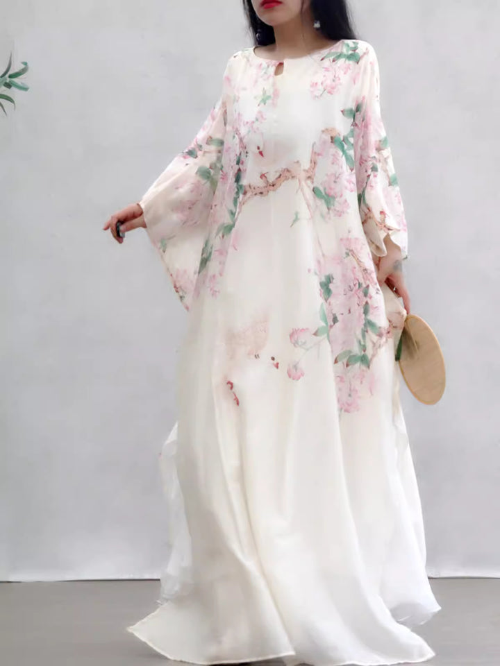 Linen & Silk Maxi Dress Peach Flower