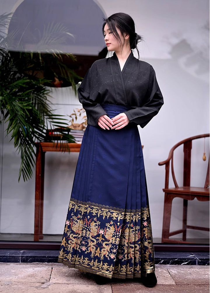 Wrap pleaded skirt - Chinese Horse Face Skirt with Dragon print