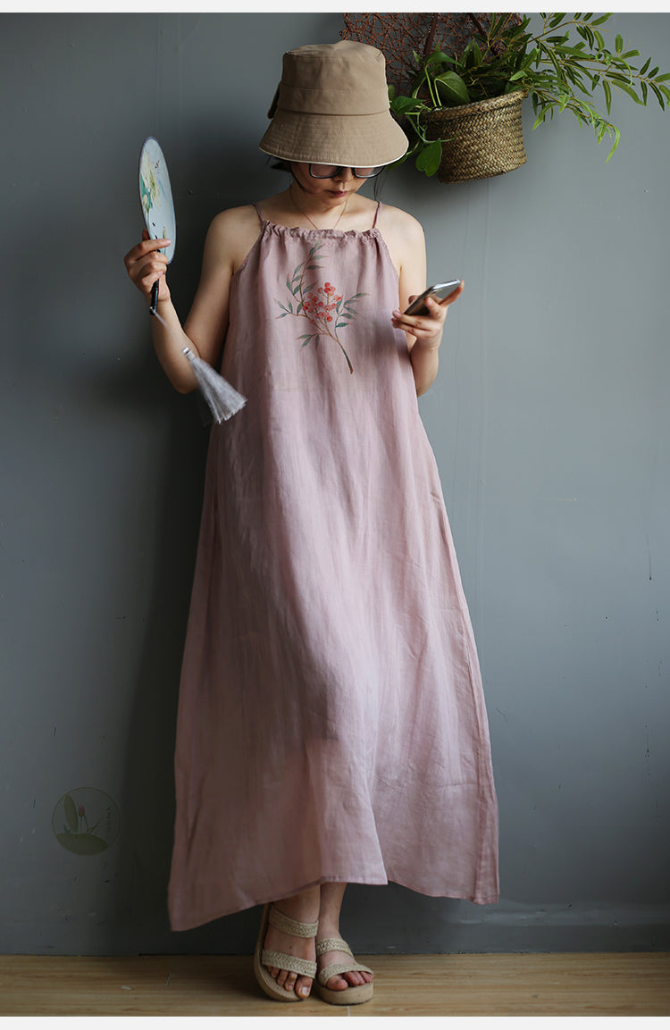 Drawstring Linen Maxi Dress - Dusty Rose