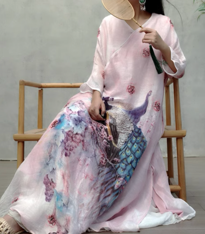 Linen & Silk Maxi Dress Watercolor Peacock