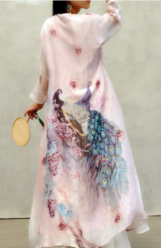 Linen & Silk Maxi Dress Watercolor Peacock