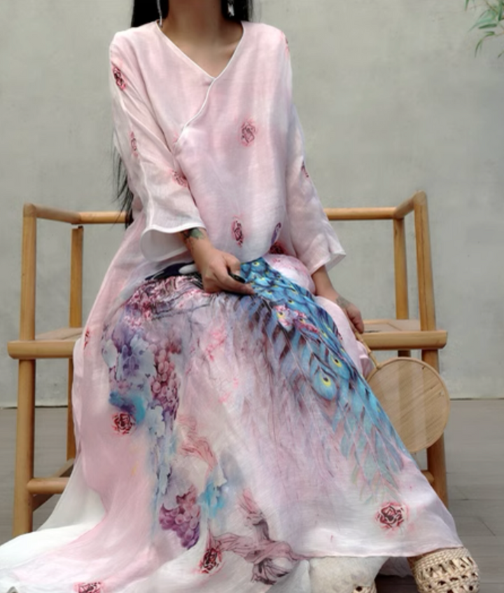 Linen & Silk Maxi Dress Watercolor Peacock