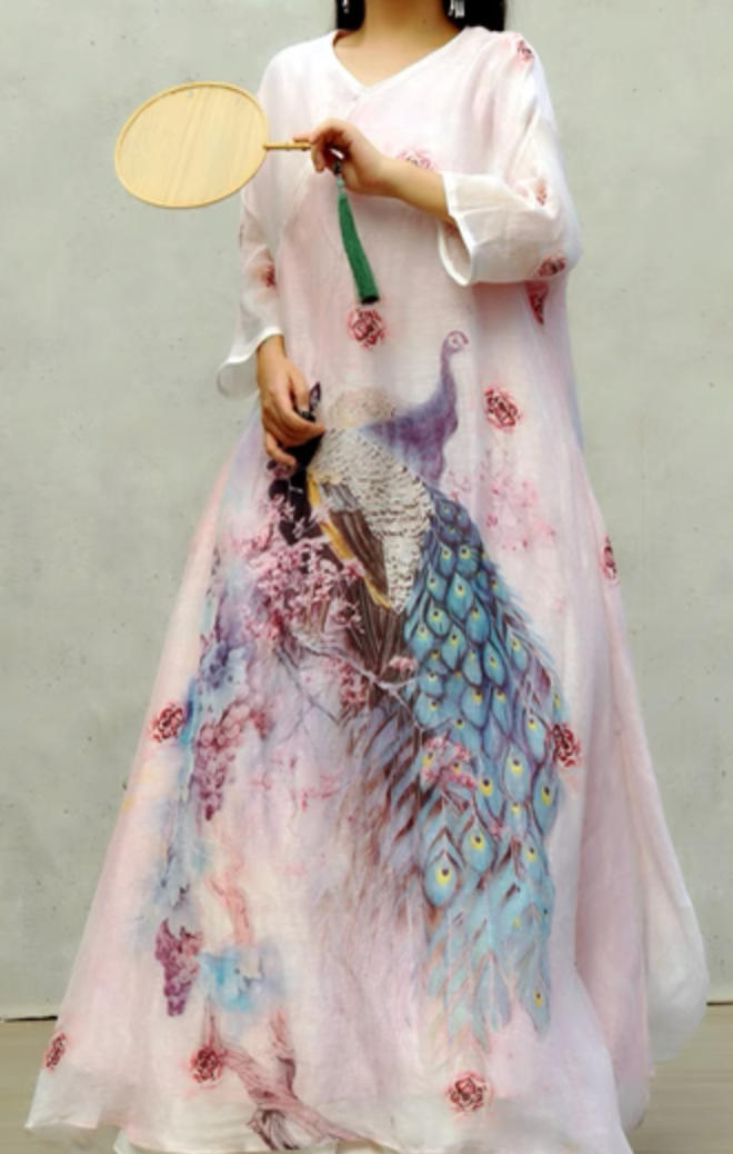 Linen & Silk Maxi Dress Watercolor Peacock