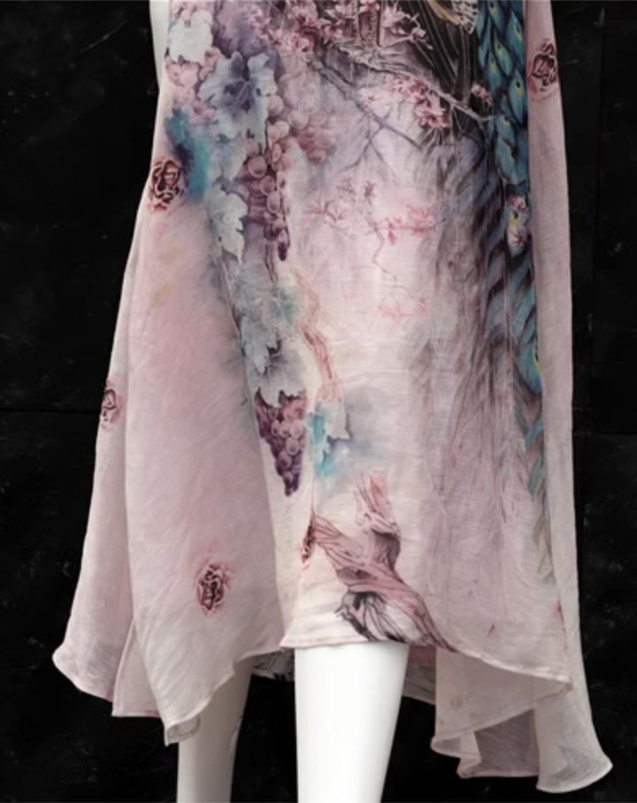 Linen & Silk Maxi Dress Watercolor Peacock