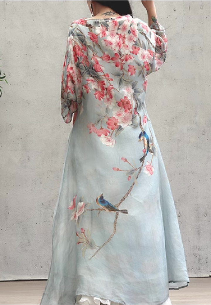 Linen & Silk Maxi High Low Tunic Watercolor Begonia