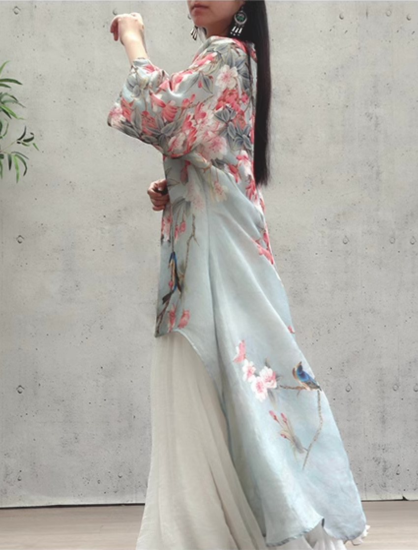 Linen & Silk Maxi High Low Tunic Watercolor Begonia