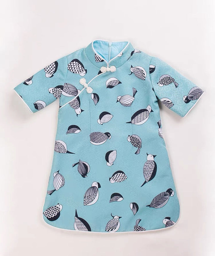 SHORT SLEEVE A LINE CHEONGSAM DRESS WITH BIRD PRINT